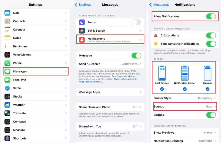 allow notifications for messages on iphone