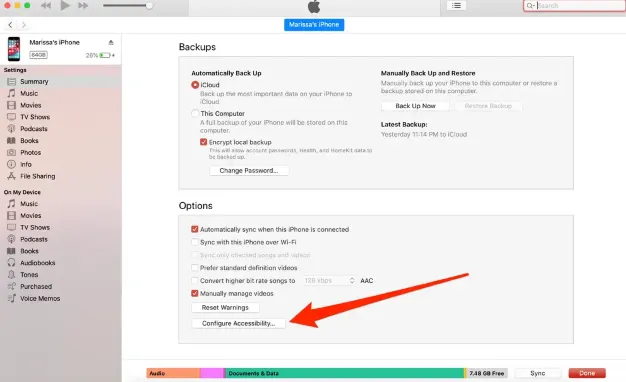 itunes configure accessibility