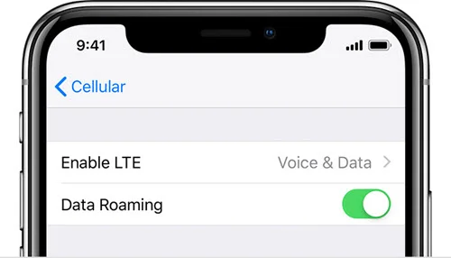 turn on data roaming on iphone