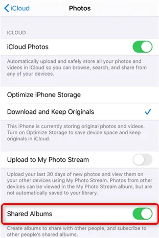 enable icloud shared albums