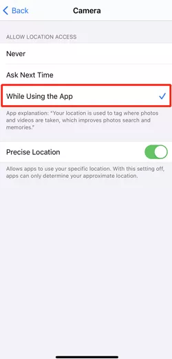 iphone camera location settings