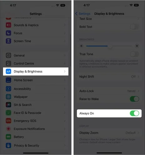 turn off always on display on iphone