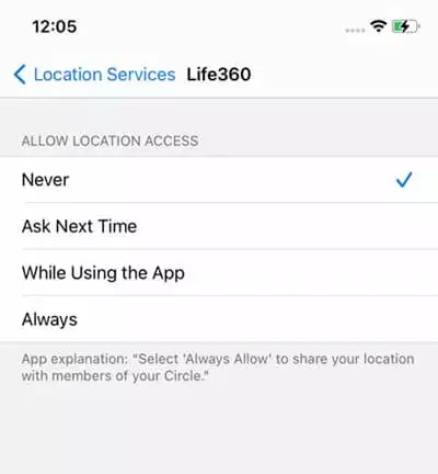 stop life360 location sharing in iphone settings