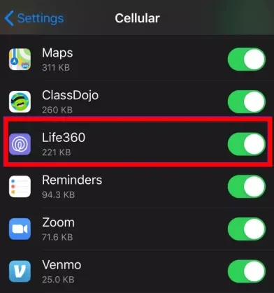 turn off cellular data for life360