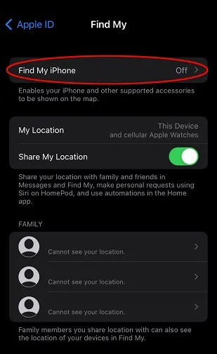 disable find my iphone