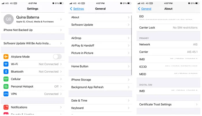 check imei in settings