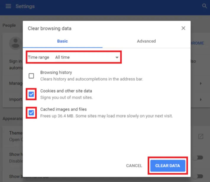 clear browser cache and cookies 