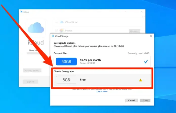 cancel icloud storage on windows