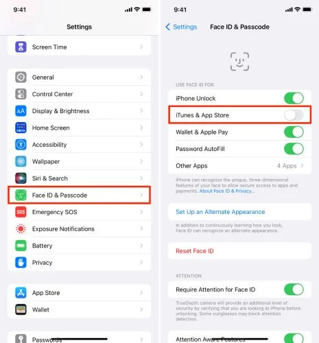 face id for itunes & app store