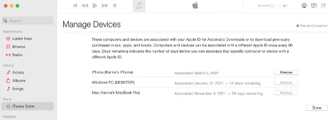 remove device in itunes